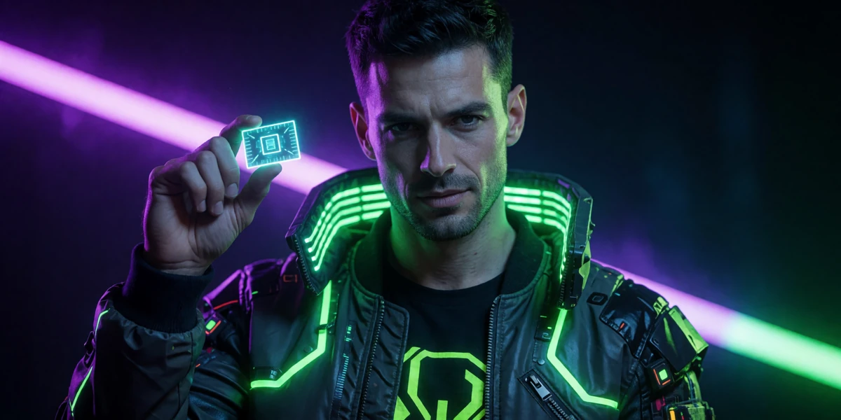 M&auml;nnliches Modell in futuristischer Tech-Wear-Jacke mit Neon-LED-Akzenten h&auml;lt holographischen Chip im Roby Casino Bonus-Bereich