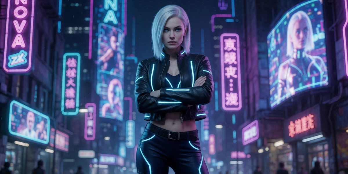 Futuristische Modellperson in Ledermontur vor Cyberpunk-Citykulisse mit Neonlicht im Roby Casino Online Casino Deutschland