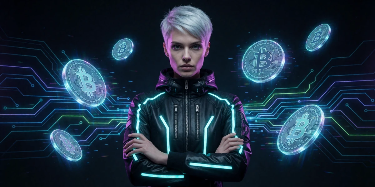 Futuristische Modellperson in Tech-Wear mit Krypto-Hologrammen im Roby Casino Krypto Casino Zahlungsbereich